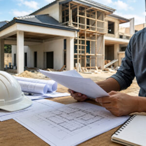 Persona revisando una declaración jurada de construcción junto a planos y documentos técnicos para evaluar una vía agilizada antes de avanzar con una obra.