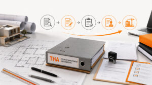 Mesa técnica con planos y documentos sobre técnicas habilitantes alternativas y agilización de permisos de construcción