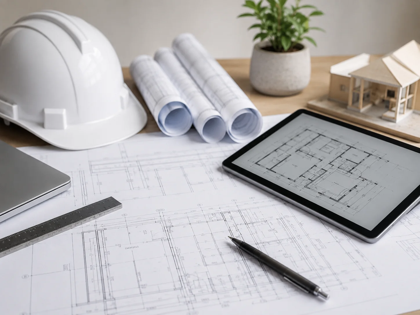 Planos y maqueta de un proyecto de construcción