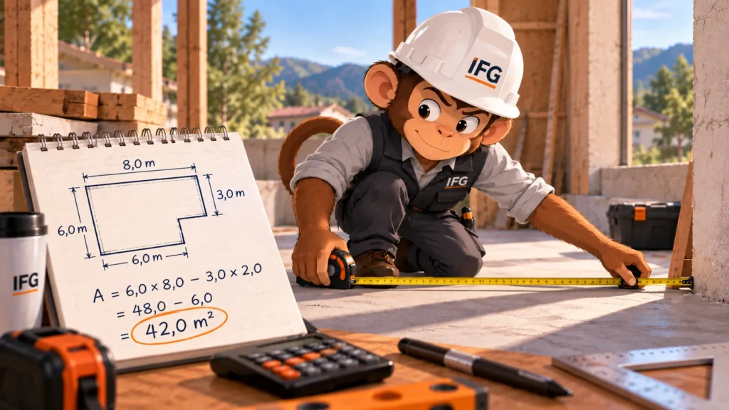 Mono IFG midiendo una vivienda y calculando su superficie construida