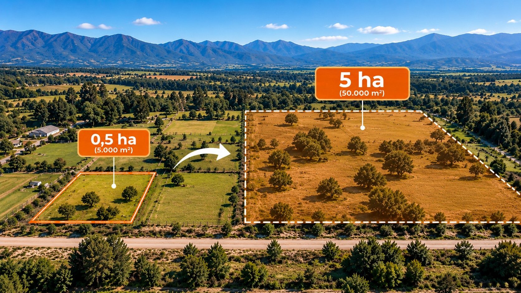 Comparación visual entre una parcela de 0,5 hectárea y una de 5 hectáreas