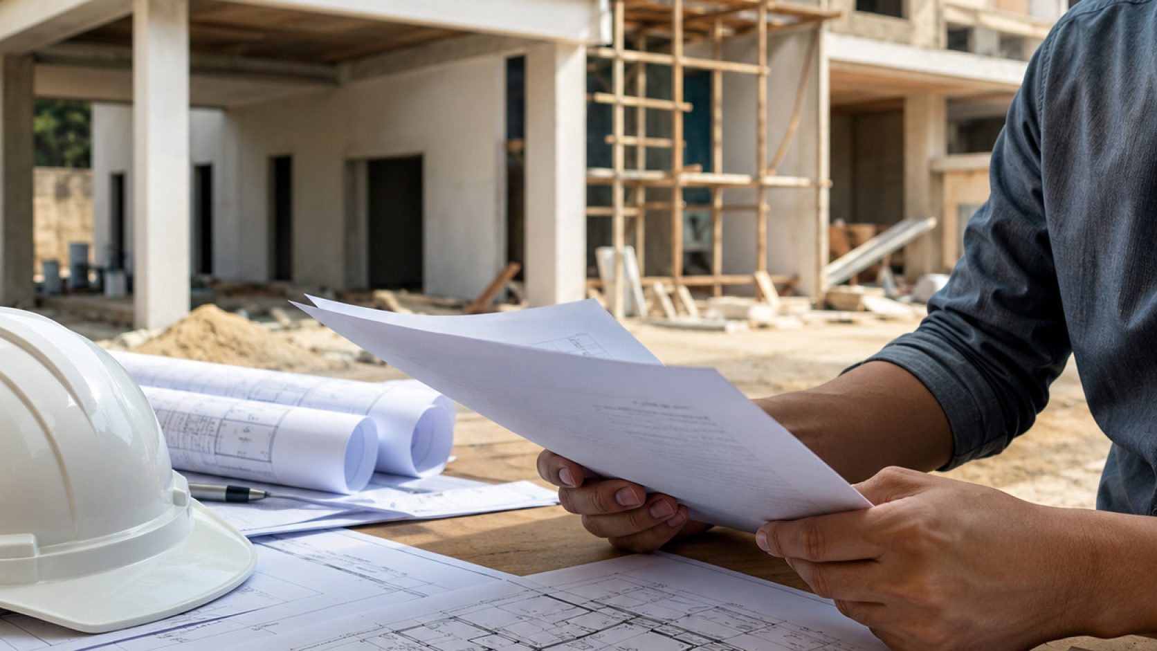 Persona revisando una declaración jurada de construcción junto a planos y documentos técnicos para evaluar una vía agilizada antes de avanzar con una obra.