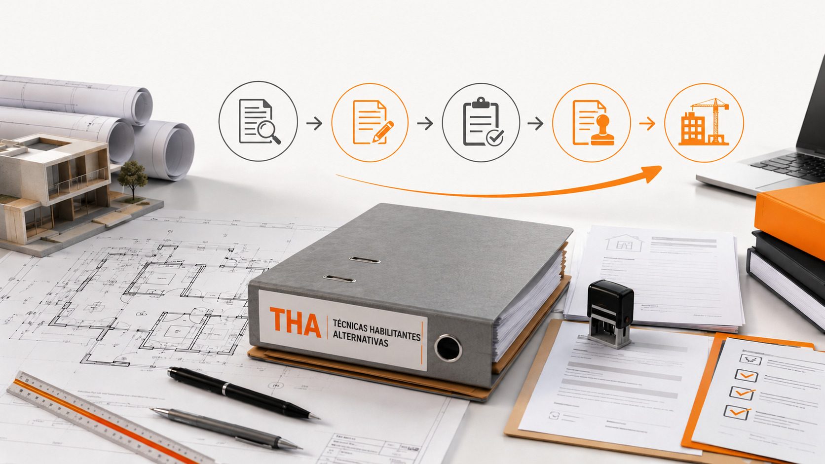 Mesa técnica con planos y documentos sobre técnicas habilitantes alternativas y agilización de permisos de construcción